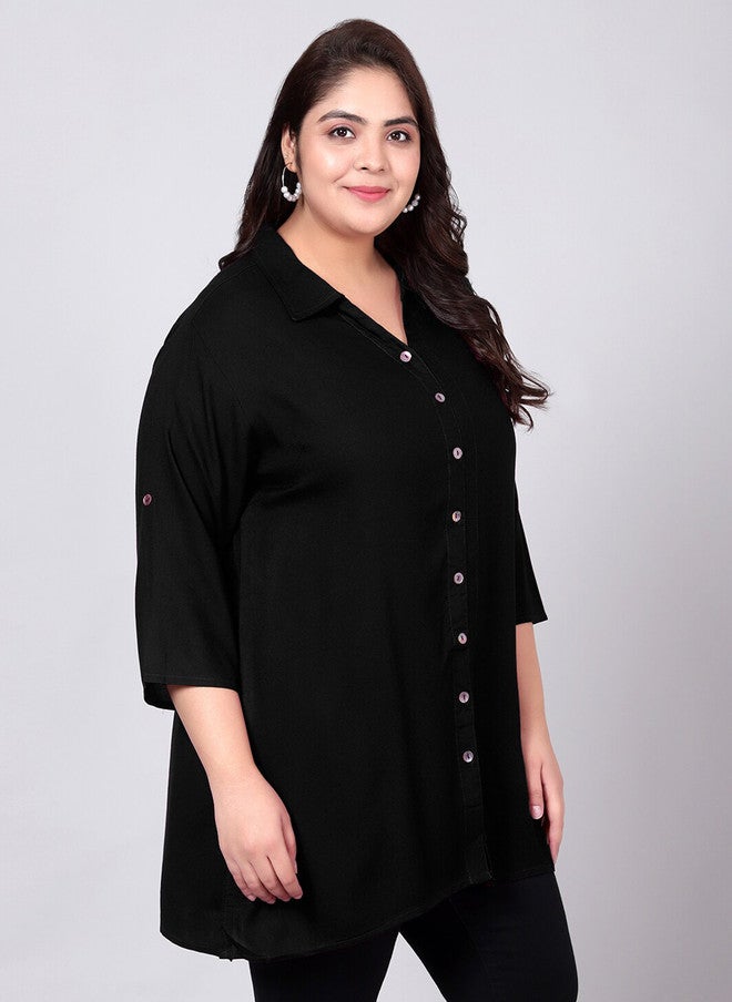 Indietoga Plus Size Classic Spread Collar Longline Casual Shirt - Image 3